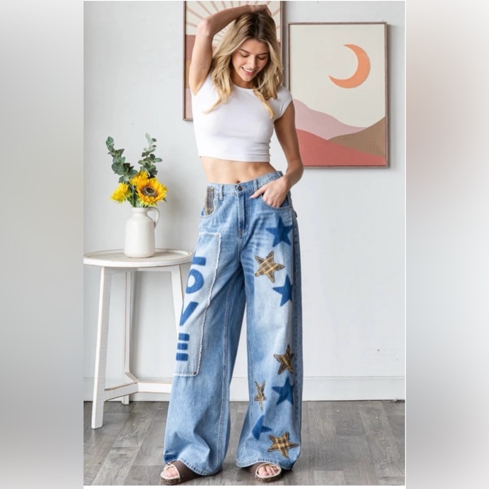 Oli & Hali Love + Stars Patchwork Baggy Wide Leg Jeans